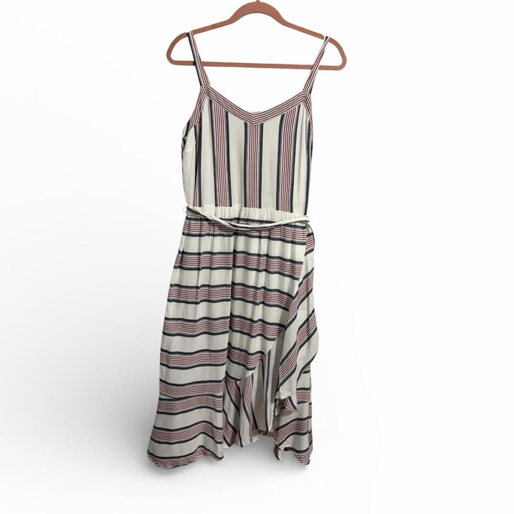 LOFT Striped Ruffle Faux Wrap Midi Dress Size 12 Feminine Preppy Nautical - Picture 3 of 8